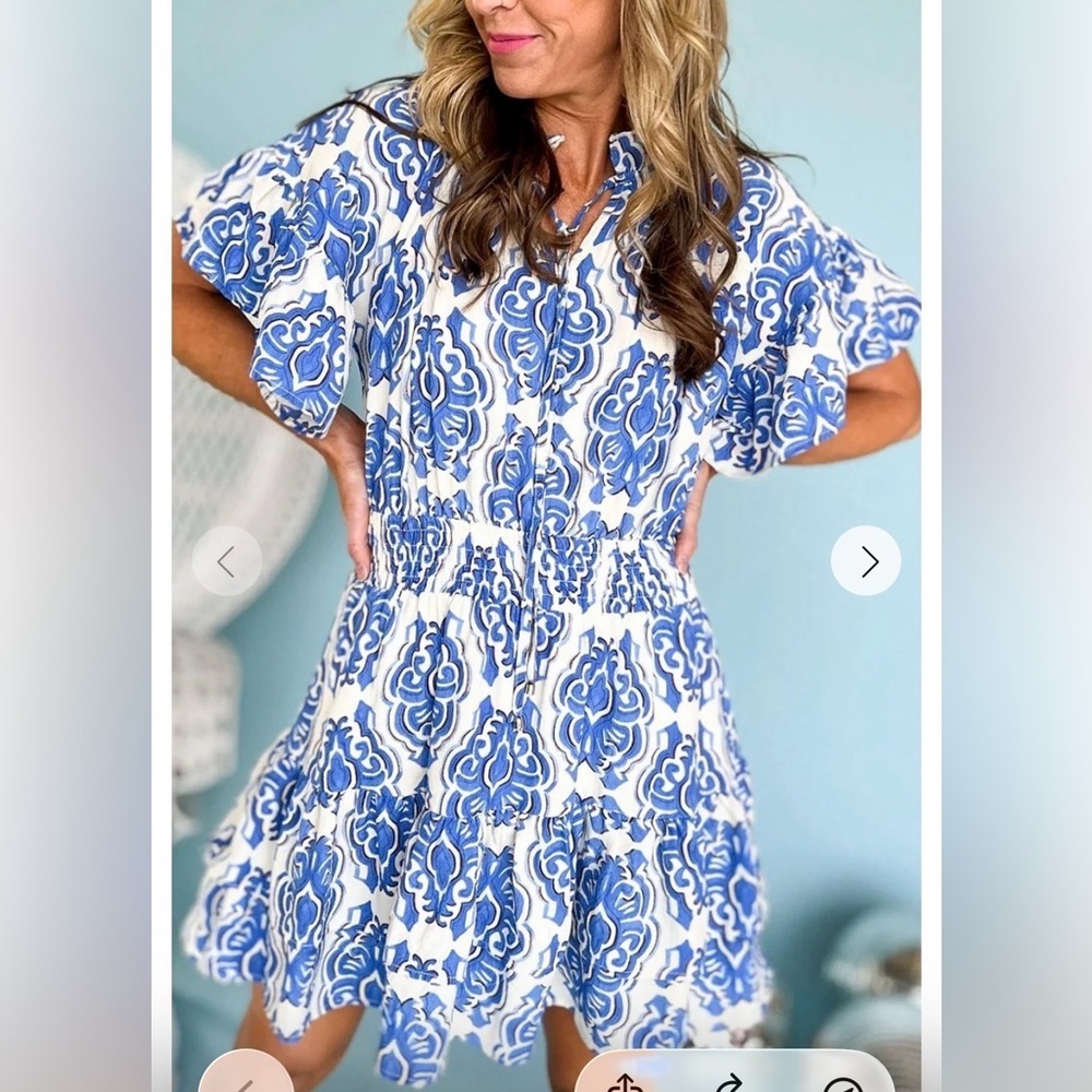 Blue & White Printed Mini Dress - Brand:
